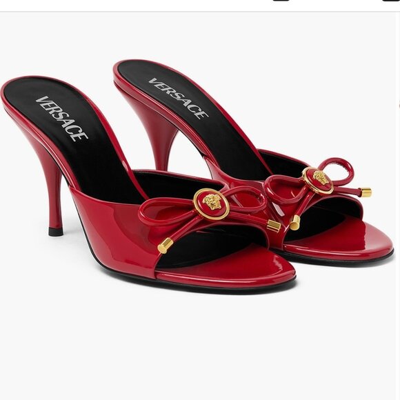 Versace Opera Bow Slides Women Red Leather Heels Medusa Sandals Size 38.5 US8.5 - Picture 1 of 12